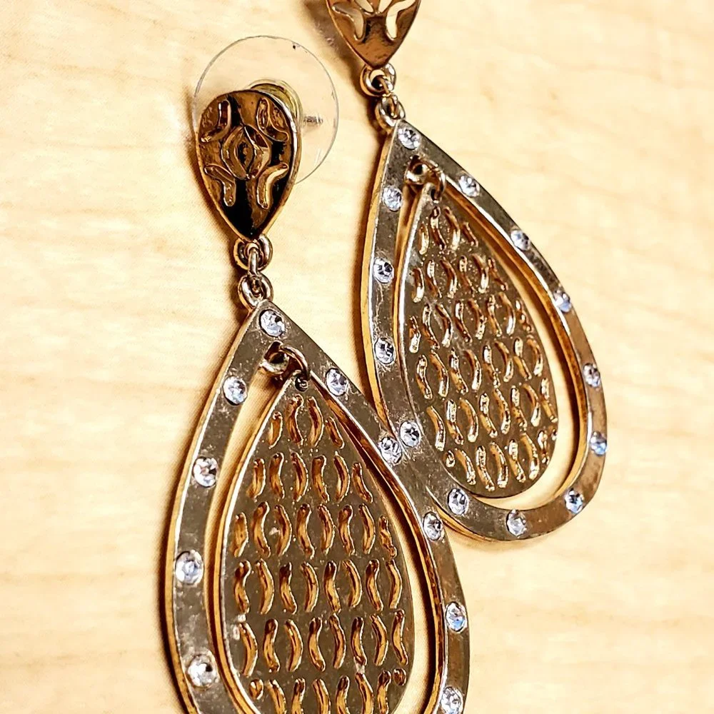 Beautiful Gold Teardrop Pierced Dangle Earrings with Rhinestone Accent